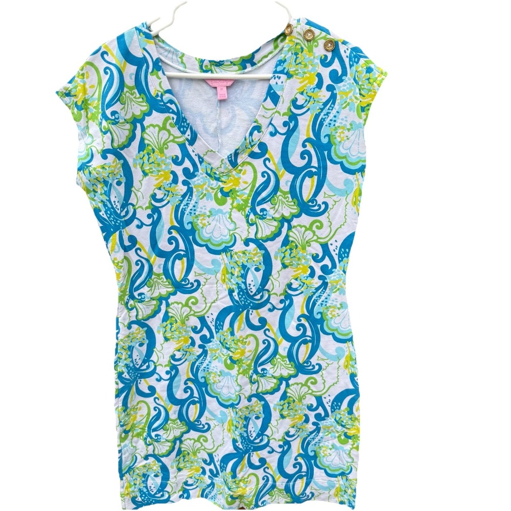 Lilly Pulitzer  M‎ Hayley Resort Dress White Crystal Coast Blue Green Print EUC